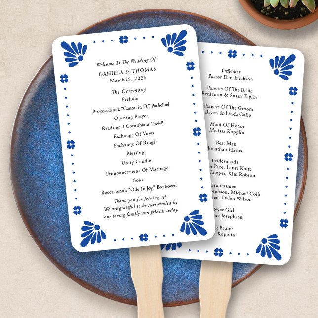 Éventail Programme de mariage mexicain Talavera Fan (Talavera Mexican Wedding Program Fan by Fiesta Valley Print)
