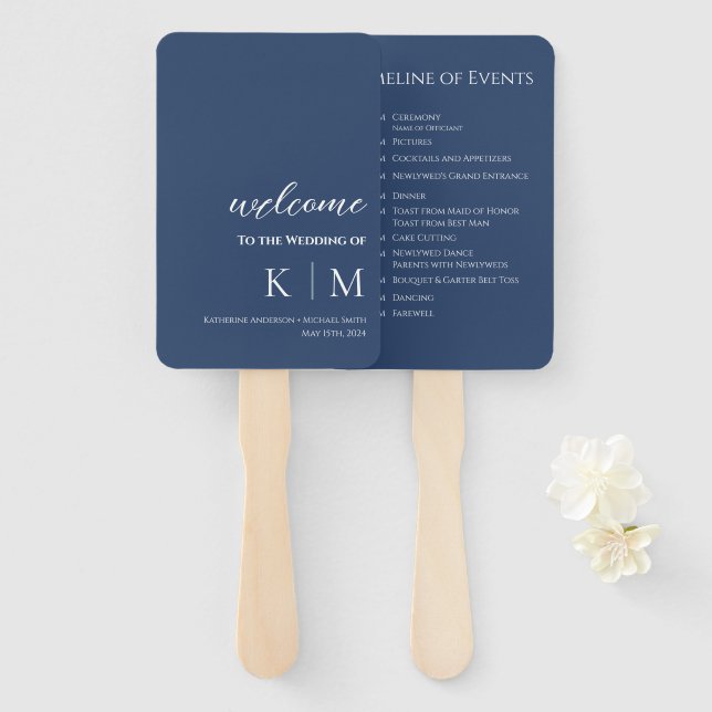 Éventail Programme de mariage moderne à monogramme bleu et  (Devant et derrière)