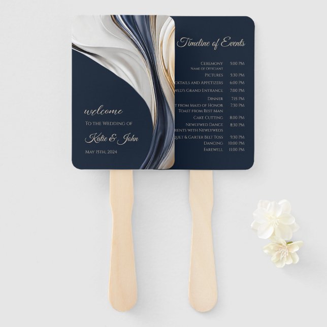 Éventail Programme de mariage-moderne Abstrait-bleu et or (Devant et derrière)