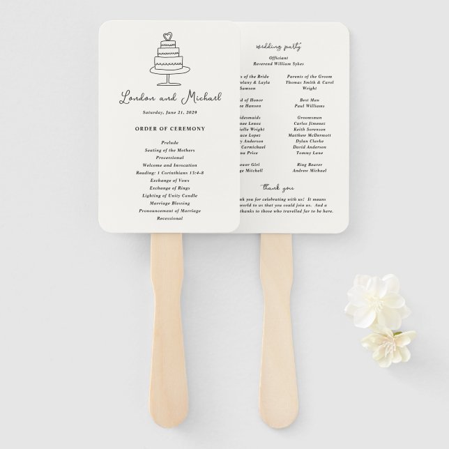 Éventail Programme de mariage moderne gâteau doodle dessiné (Devant et derrière)