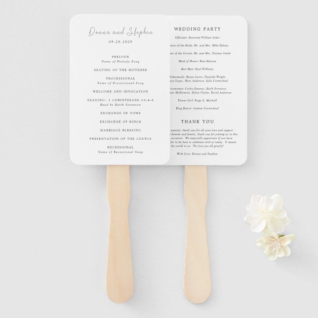 Éventail Programme de mariage moderne noir et blanc épuré (Devant et derrière)