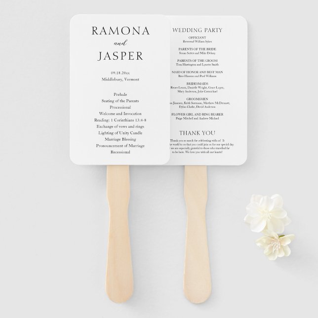 Éventail Programme de mariage moderne simple noir et blanc  (Devant et derrière)