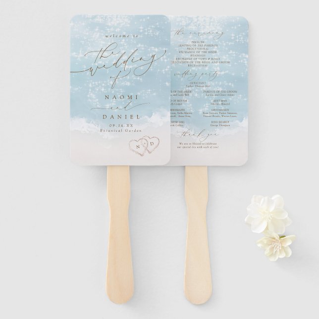 Éventail Programme de mariage moderne sur la plage avec coe (Devant et derrière)
