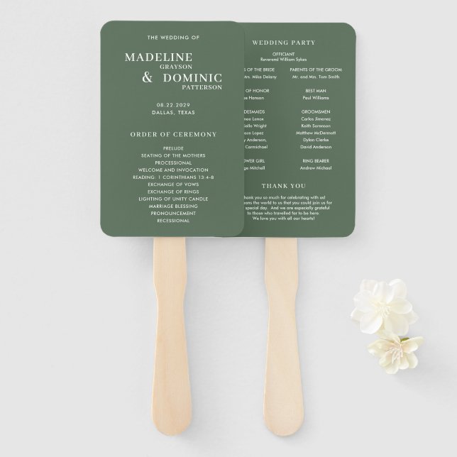 Éventail Programme de mariage moderne vert forêt de Madelin (Devant et derrière)