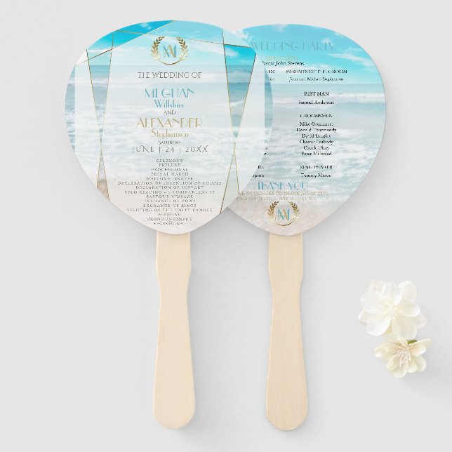 Éventail Programme de mariage | Monogramme moderne Plage gé (Devant et derrière)