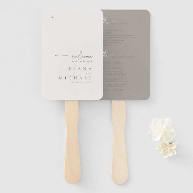 Éventail Programme de mariage neutre chic Poudre/Taupe ID10 (Devant et derrière)