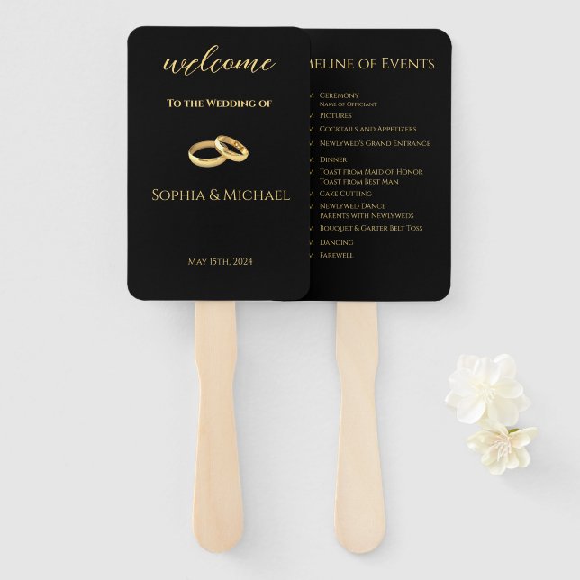Éventail Programme de mariage noir et or- (Devant et derrière)