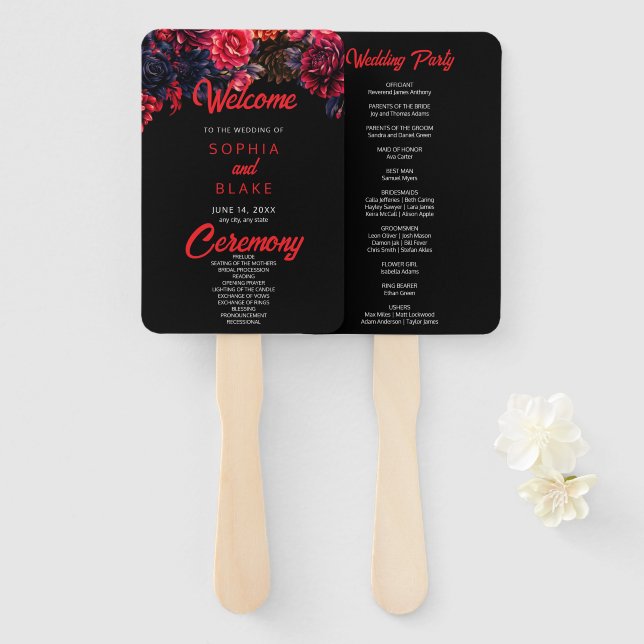 Éventail Programme de mariage noir et rouge gothique floral (Devant et derrière)