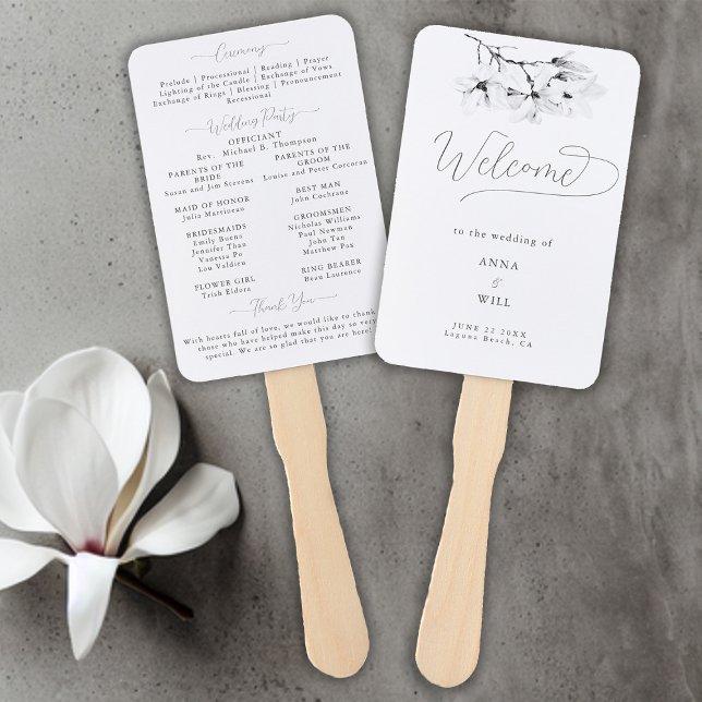Éventail Programme de mariage noir Magnolia Noir Blanc (Classic Magnolia Wedding Program Hand Fan Black and White Formal Traditional Elegant Modern Classic)