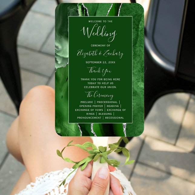 Éventail Programme de mariage paillettes argent Agate Vert  (Créateur téléchargé)
