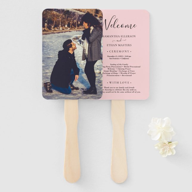 Éventail Programme de mariage photo personnalisé en rose cl (Devant et derrière)