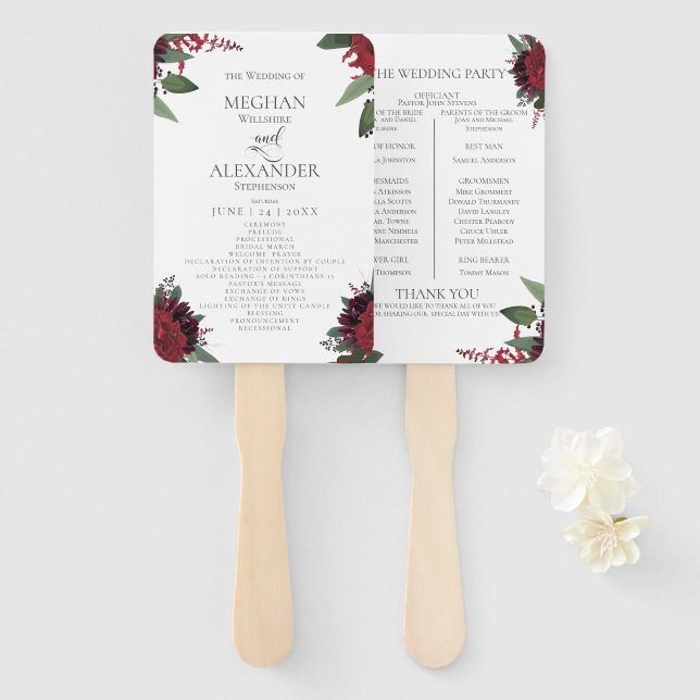 Éventail Programme de mariage | Riche Bourgogne Marsala Flo (Devant et derrière)