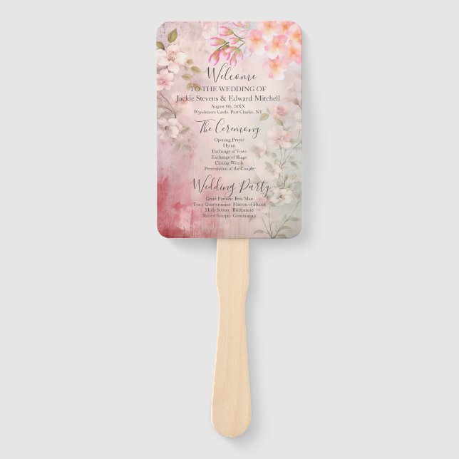 Éventail Programme de mariage romantique rose floral (Devant)