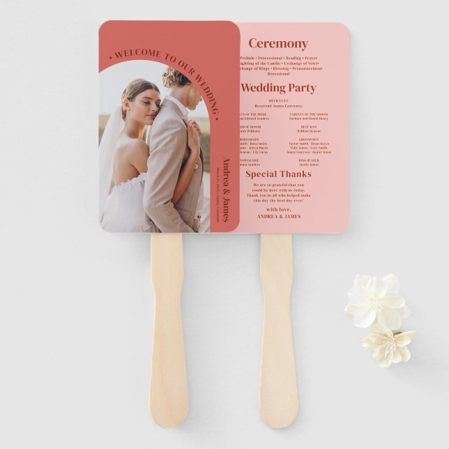 Éventail Programme de mariage rose rétro (Devant et derrière)