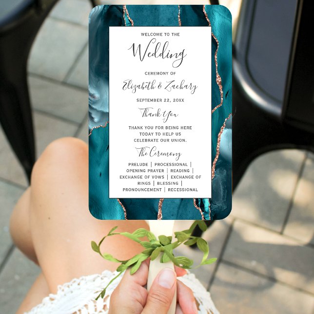 Éventail Programme de mariage Rose sarcelle Or Agate Blanc (Créateur téléchargé)