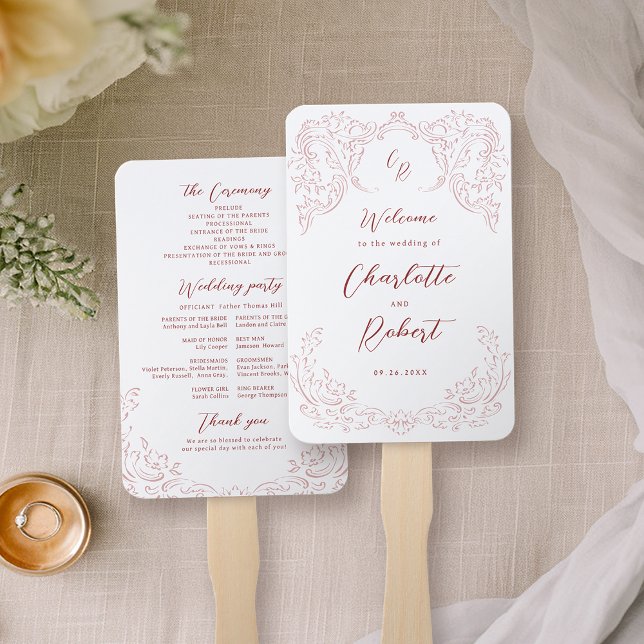 Éventail Programme de mariage rose Vintage (Pink Vintage Flourish Monogram Wedding Program Hand Fan)