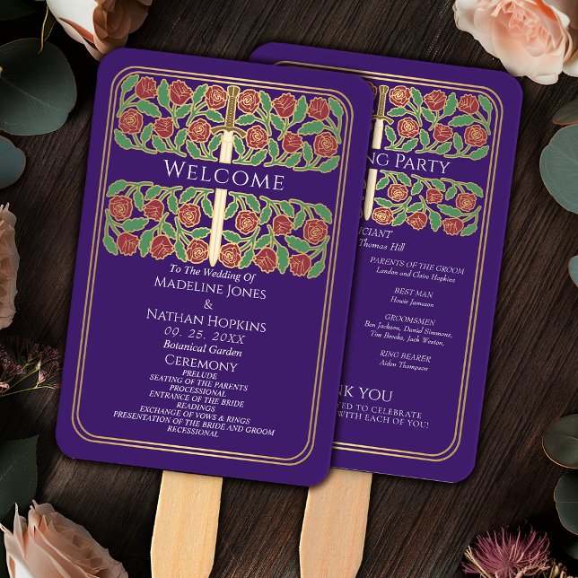 Éventail Programme de mariage royal Épée Fleurie Or Violet (Créateur téléchargé)