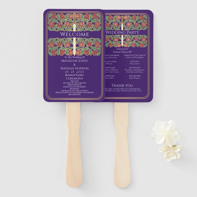 Éventail Programme de mariage royal Épée Fleurie Or Violet (Devant et derrière)