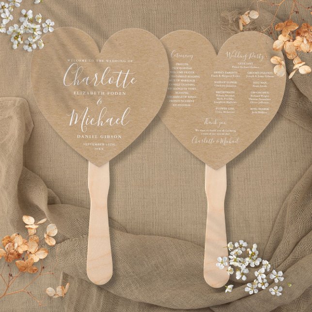 Éventail Programme de mariage Rustic Kraft Script Heart (Rustic Kraft Script Wedding Program Heart Hand Fan)