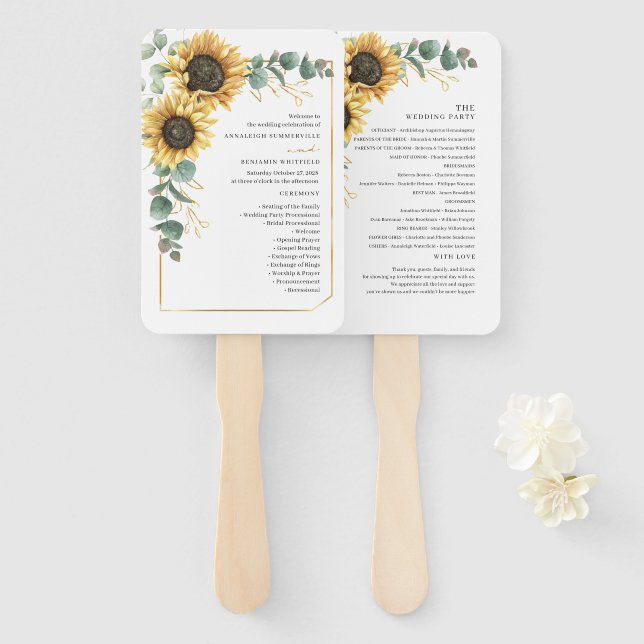 Éventail Programme de mariage rustique de tournesol floral  (Devant et derrière)