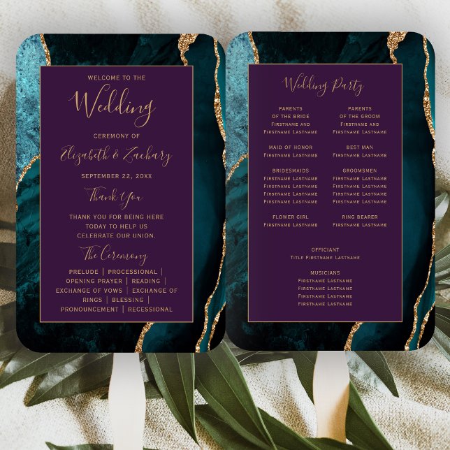 Éventail Programme de mariage sarcelle or agate violet (Créateur téléchargé)