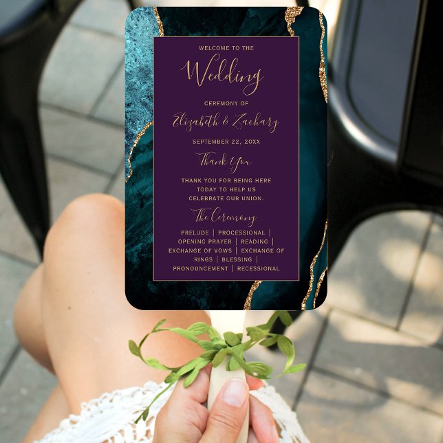 Éventail Programme de mariage sarcelle or agate violet (Créateur téléchargé)