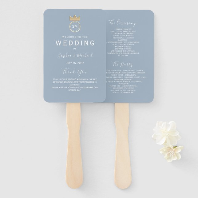 Éventail Programme de mariage simple en bleu poussiéreux (Devant et derrière)