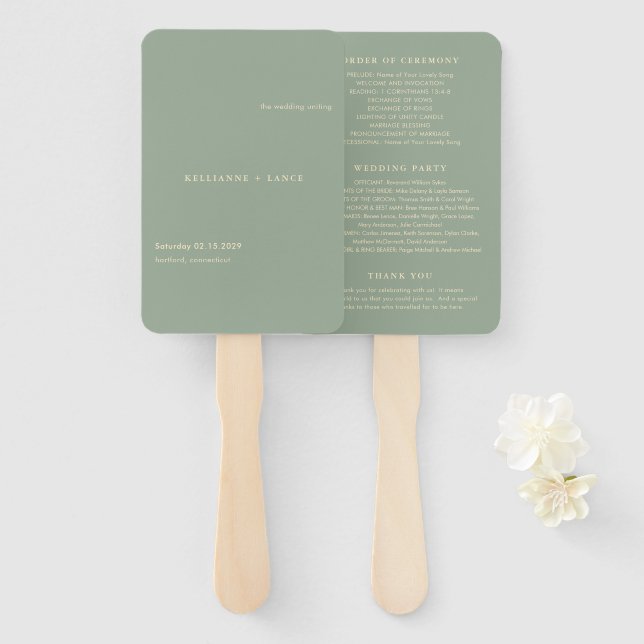 Éventail Programme de mariage simple vert sauge moderne (Devant et derrière)