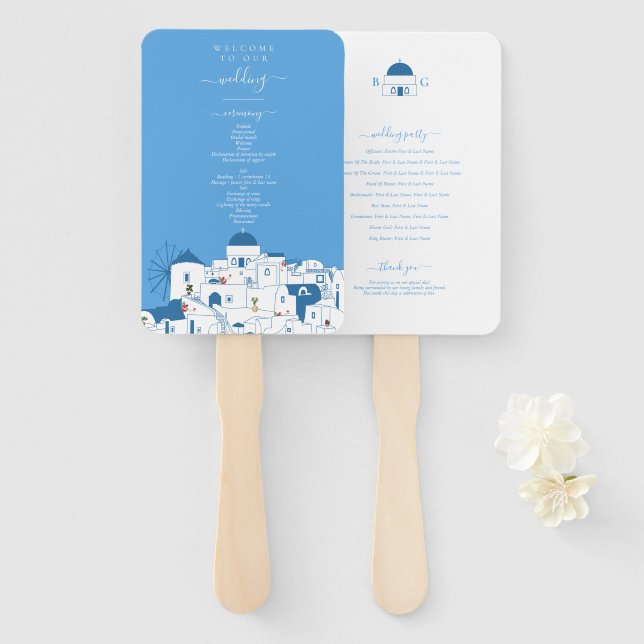 Éventail Programme de mariage sur l'île grecque de Santorin (Devant et derrière)