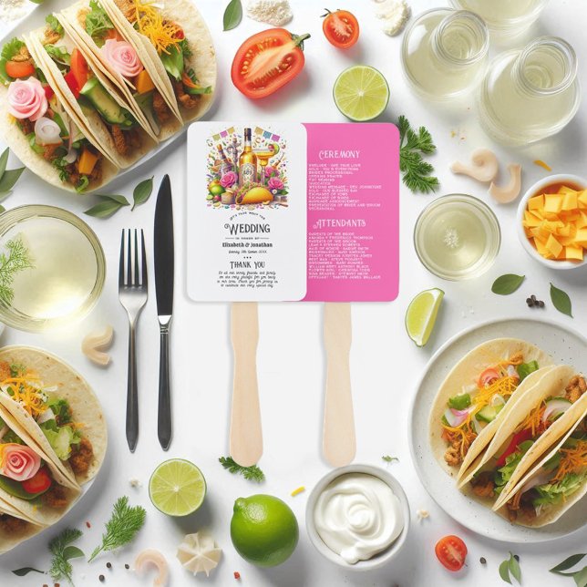 Éventail Programme de mariage Tequila Fiesta Mexicaine Rose (Hot-Pink Mexican Fiesta Tequila Wedding Program Hand Fan)
