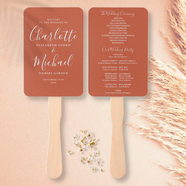 Éventail Programme de mariage Terracotta Modern Script (Créateur téléchargé)