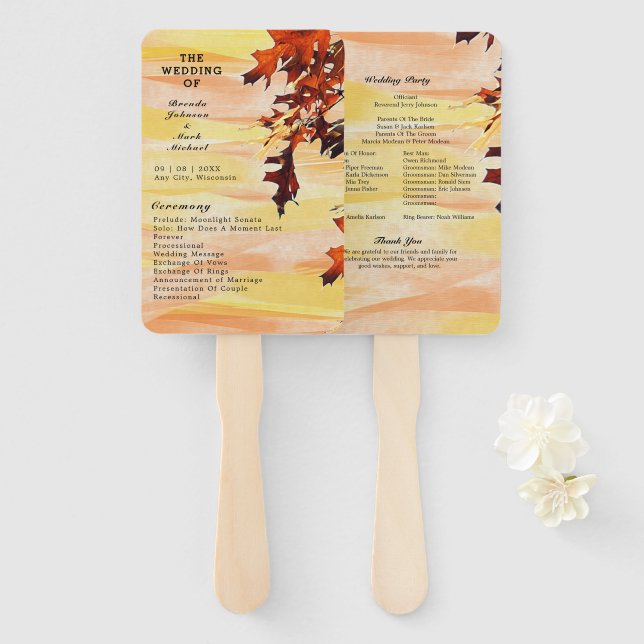 Éventail Programme de mariage Tourbillon Feuilles d'Automne (Devant et derrière)