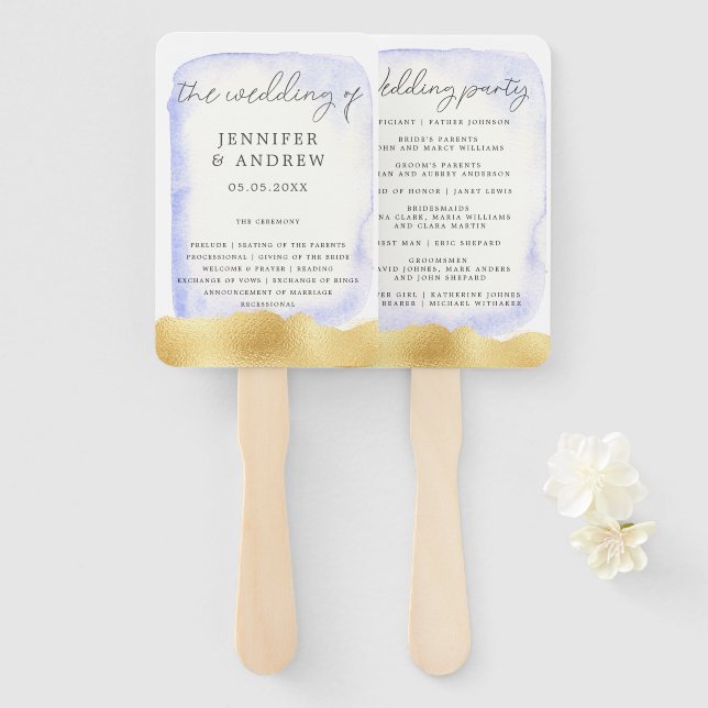 Éventail Programme de mariage transparent Blue Gold Foil (Devant et derrière)