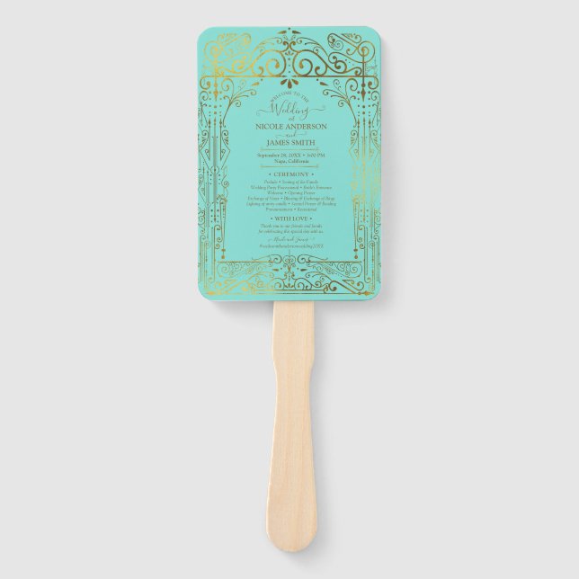 Éventail Programme de mariage Turquoise Or Déco Chic Glam (Devant)