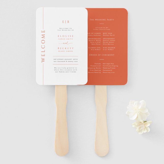 Éventail Programme de Mariage Typographie Orange Moderne Ve (Devant et derrière)
