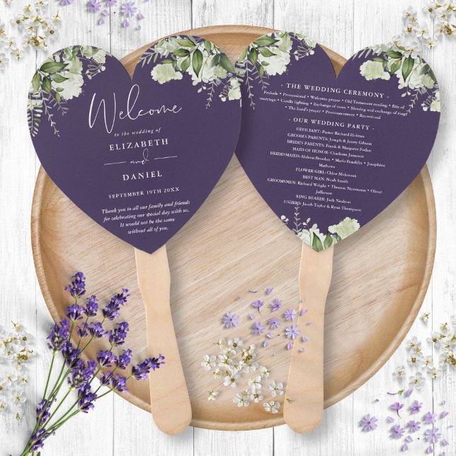 Éventail Programme de mariage vert pourpre Coeur (Purple Greenery Wedding Program Heart Hand Fan)