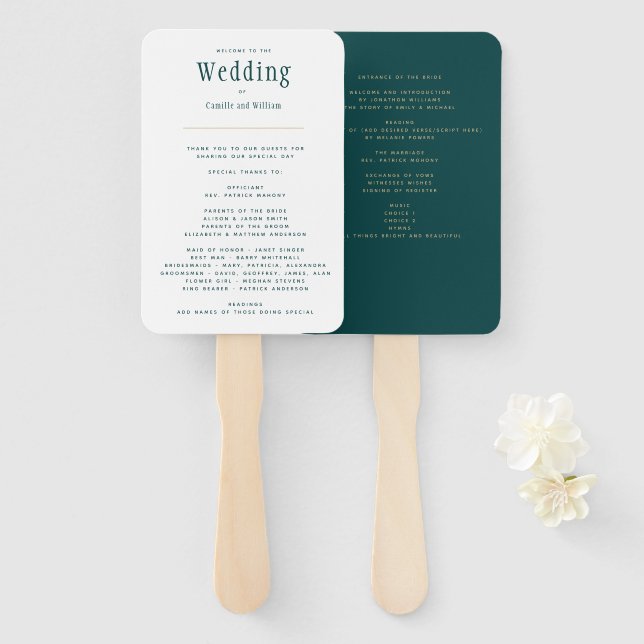 Éventail Programme de mariage vert TURQUOISE Peacock (Devant et derrière)