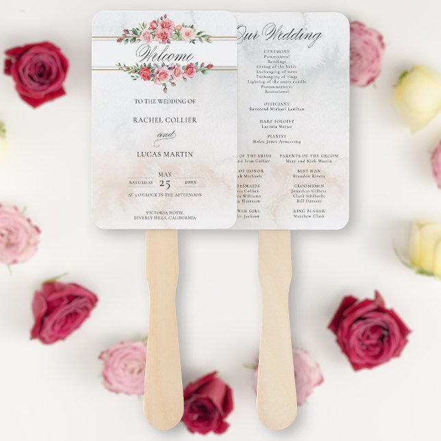 Éventail Programme de roses et calligraphie rose aquarelle (Créateur téléchargé)