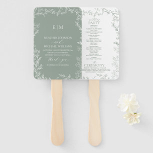 Éventail Programme Élégant de mariage Monogramme Sage Feuil