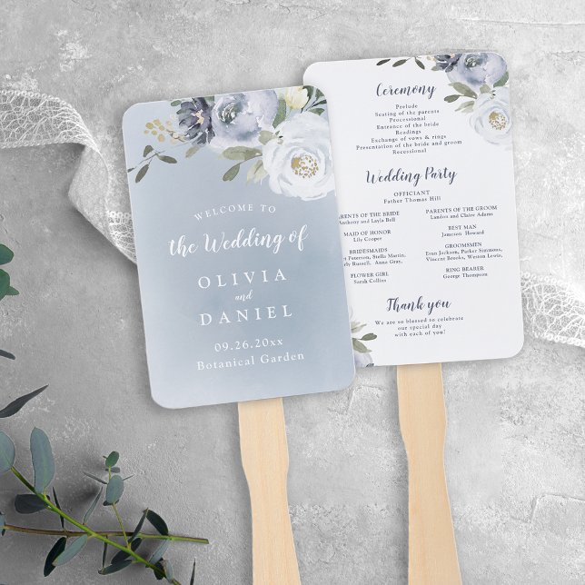 Éventail Programme floral bleu poussiéreux botanique floris (Blooming botanical dusty blue floral program hand fan)