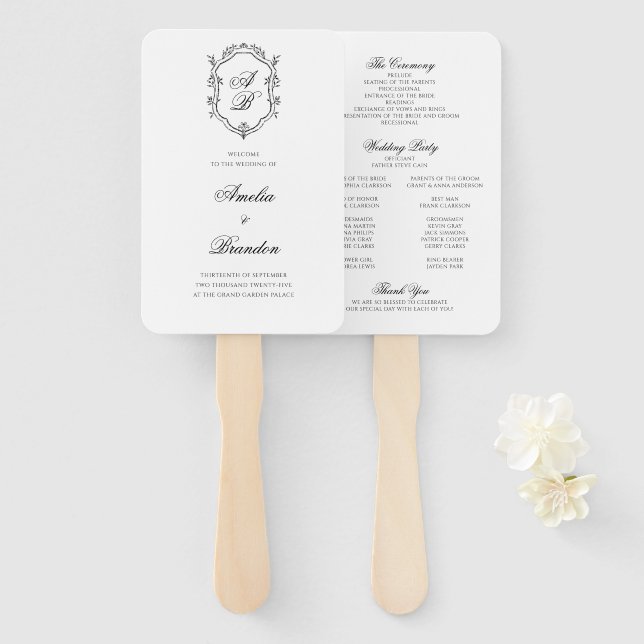 Éventail Programme Formal Black White Monogram Crest Weddin (Devant et derrière)