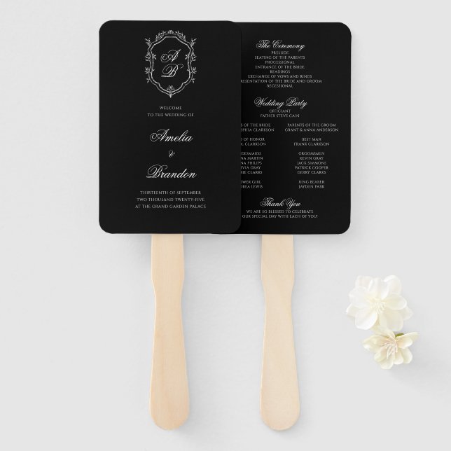 Éventail Programme Formel Black Floral Monogram Crest Weddi (Devant et derrière)