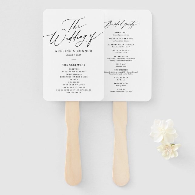 Éventail Programme minimaliste moderne de mariage de callig (Devant et derrière)