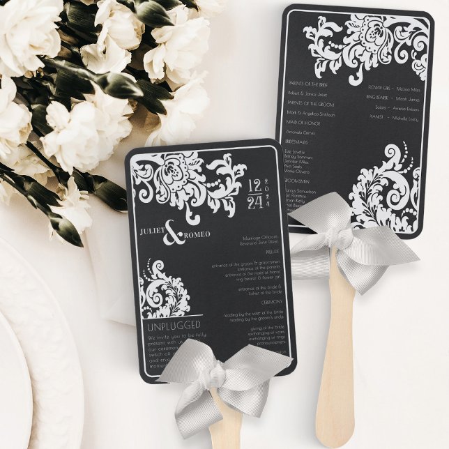 Éventail Programme moderne Black White Floral Mariage damas (modern black and white wedding program for unplugged wedding beautiful floral damask)