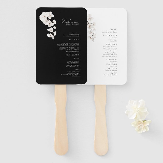 Éventail Programme moderne de mariage floral des orchidées  (Devant et derrière)
