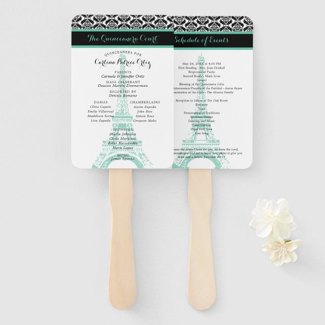 Éventail Programme Quinceanera de Mint Green et Black Paris (Devant et derrière)