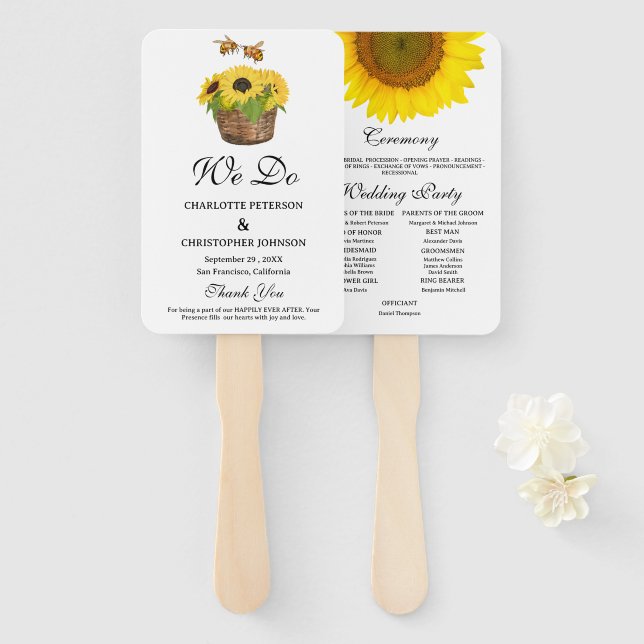 Éventail Programme Rustique de mariage des tournesols et de (Devant et derrière)