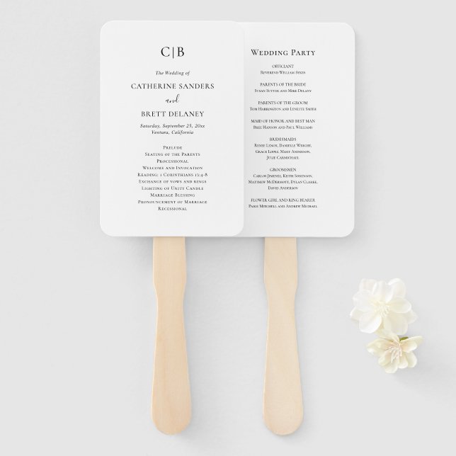 Éventail Programme traditionnel de mariage noir et blanc (Devant et derrière)