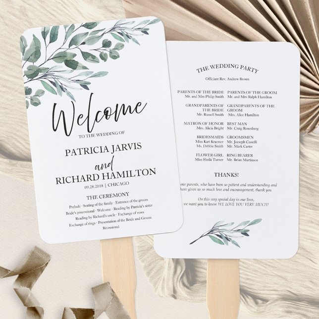 Éventail Programmes de mariage de verdure de feuilles d'euc (Créateur téléchargé)