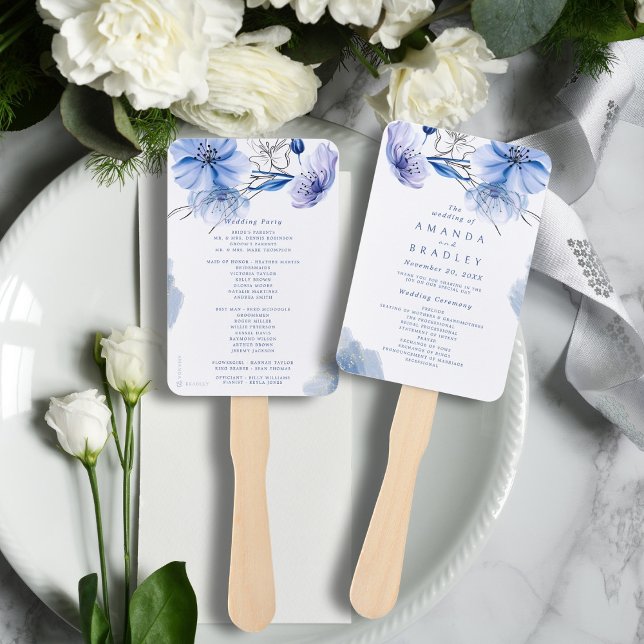 Éventail Programmes de mariage floraux pailletés or et bleu (Créateur téléchargé)